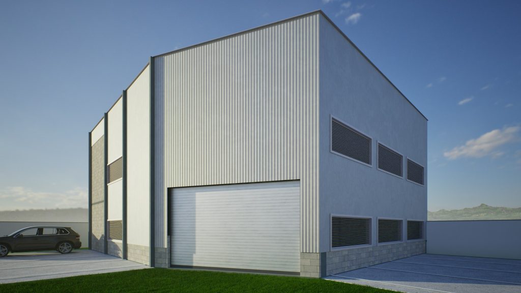 Modern industrial building with large garage door.