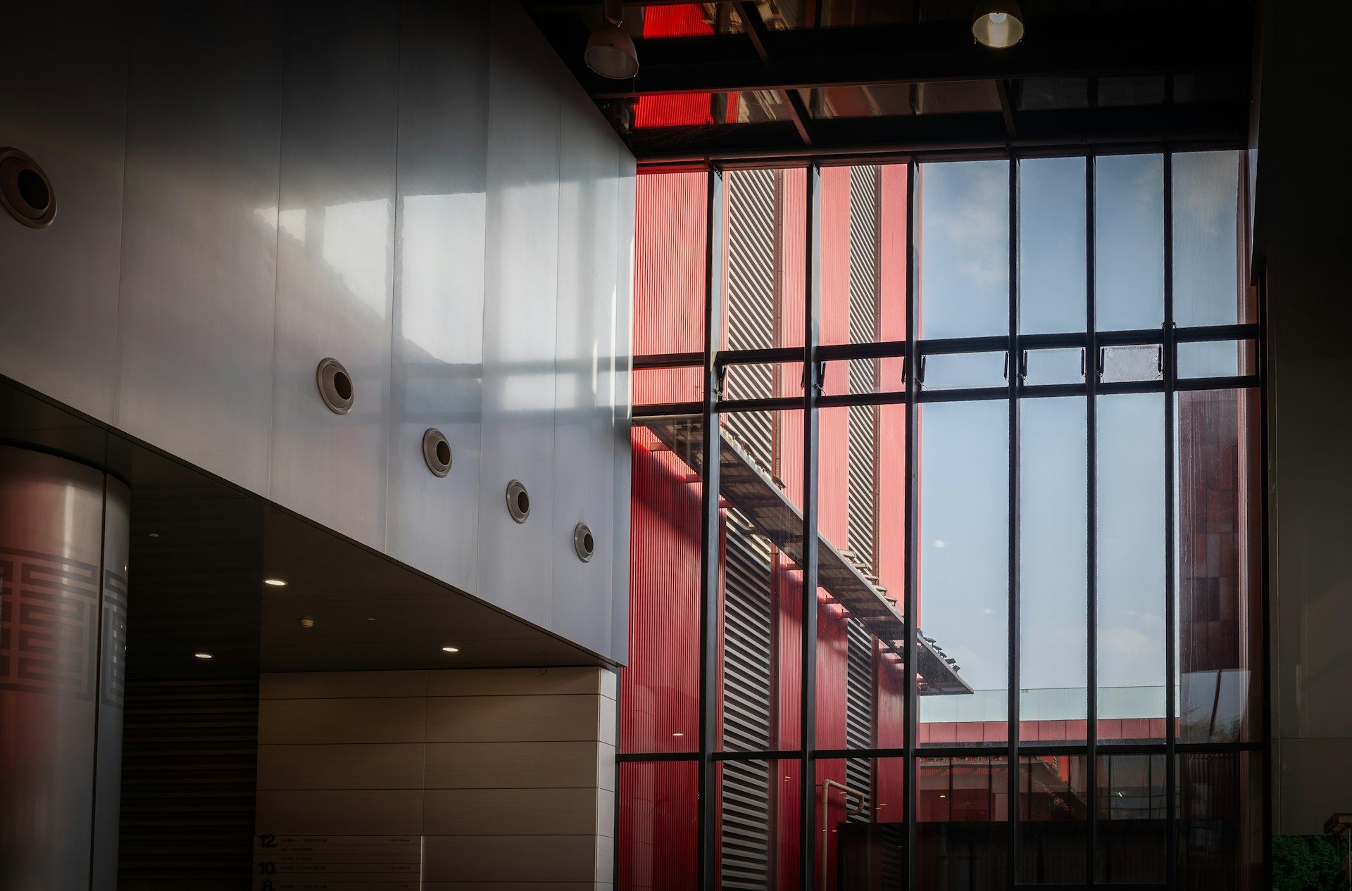Modern building interior with large glass windows